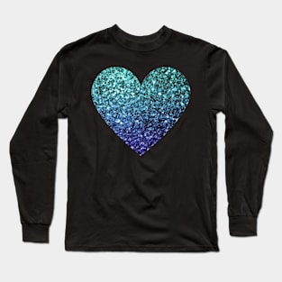 Teal and Dark Blue Ombre Faux Glitter Heart Long Sleeve T-Shirt